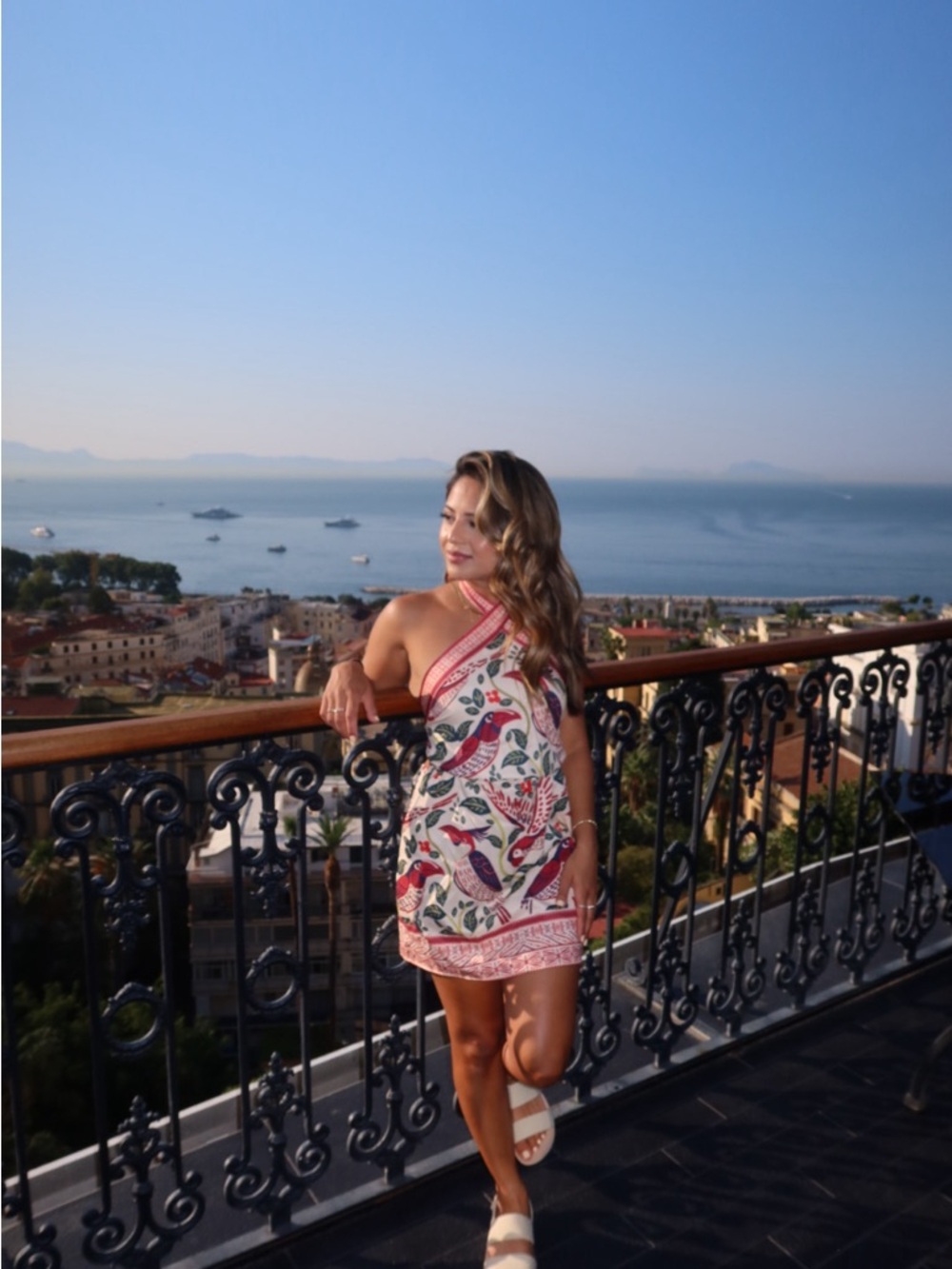 Printed One-Shoulder Mini Dress in Cream and Pink
